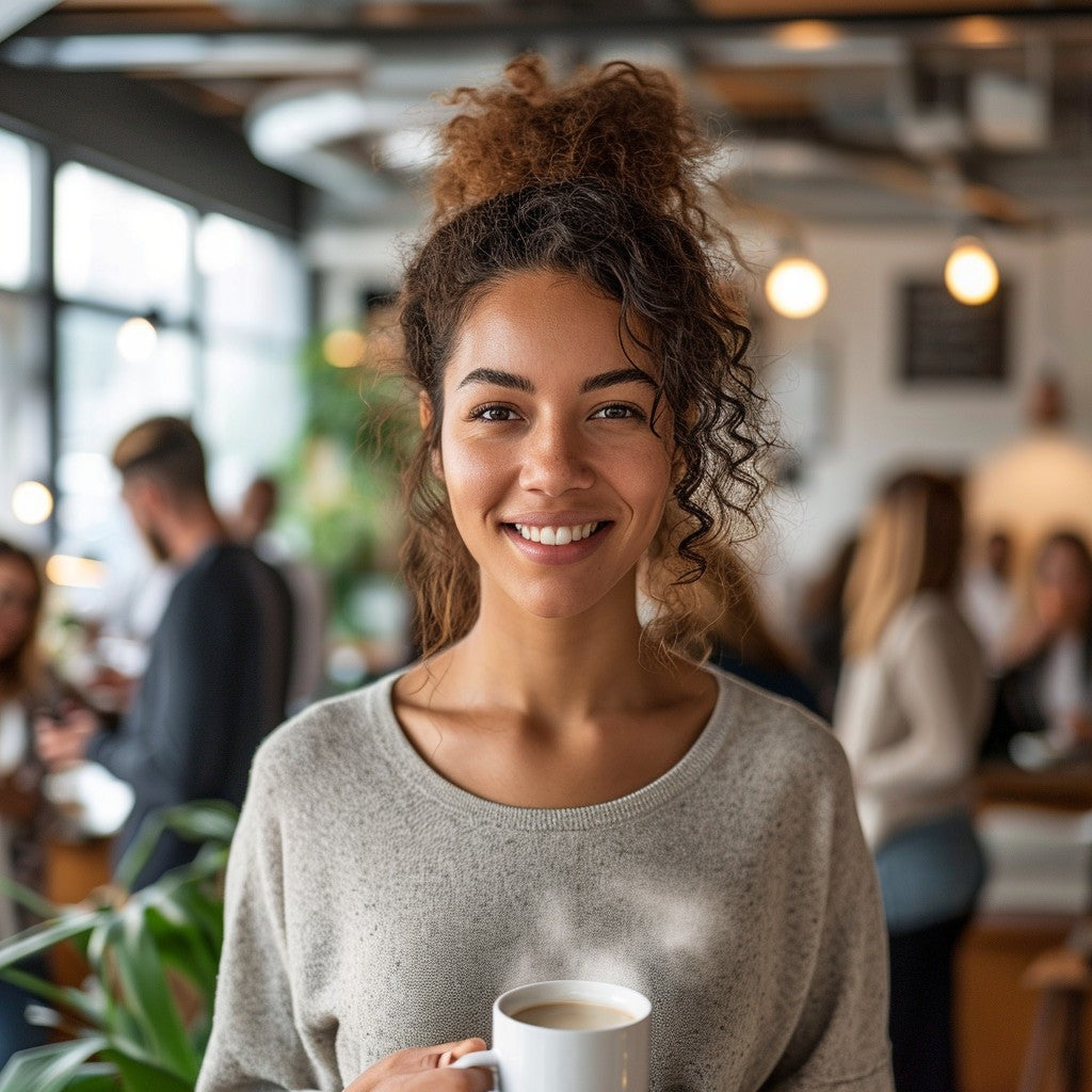 Gorgeous woman with brilliant smile drinking Busy Bitch Coffee